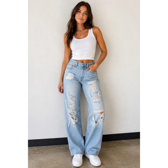 Aeropostale Denim - Aeropostale Womens Size 6 Mom Jeans Blue Denim Distressed Ripped High Rise Fray